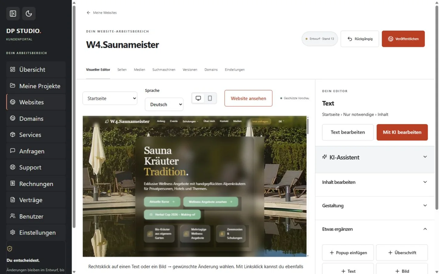 Echter DP-Studio-Editor mit lokaler W4-Demowebsite